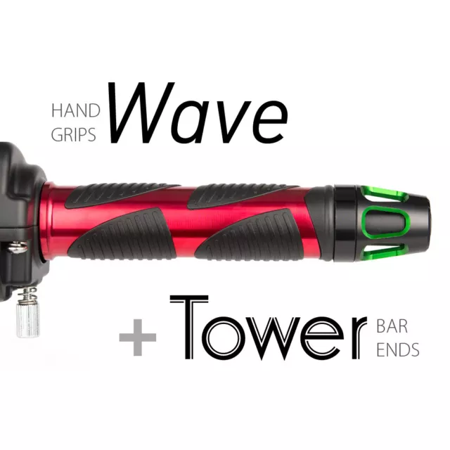 KiWAV Motorcycle Wave grips Red with Tower Bar Ends Green/Black