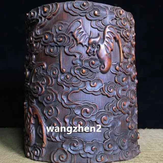Chinese Wood brush pot Bamboo carving Pen holder Bat Pattern pen container 15cm