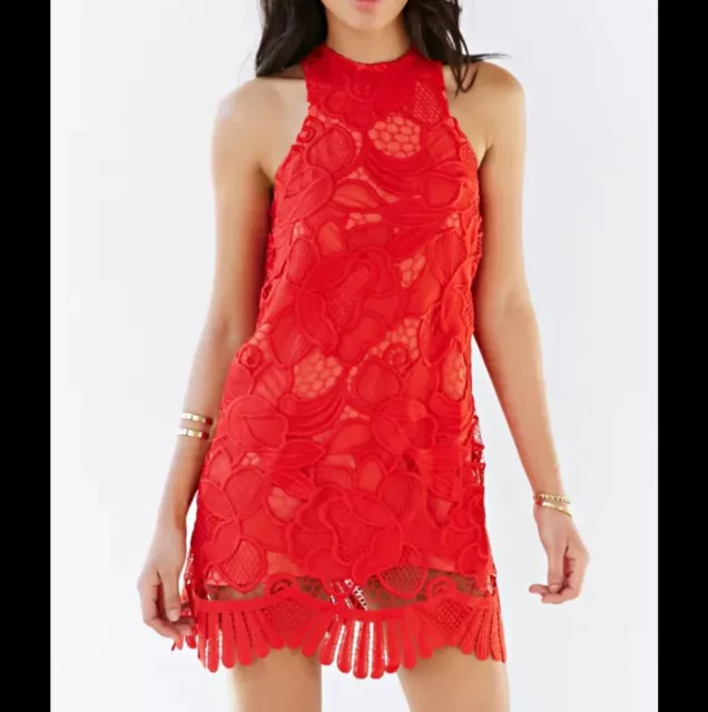 Lovers + Friends Caspian Shift Lace Scallop Hem Red Zip Mini Dress Small