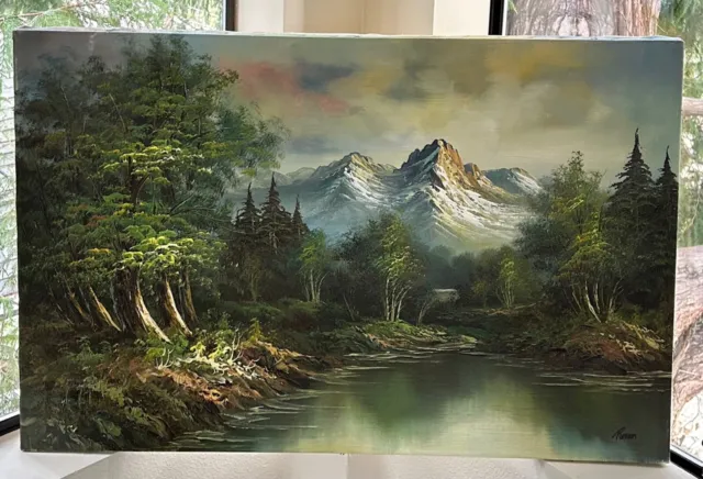 MOUNTAIN LANDSCAPE ORIGINAL OIL on CANVAS PAINTING 24 X 36 by REEVES