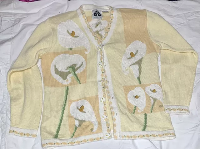 STORYBOOK KNITS Sweater Cardigan Med Embellished CALLA LILIES & Buttons Easter