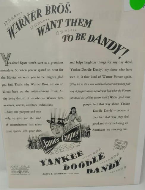 1943 YANKEE DOODLE DANDY Movie Release Promo James Cagney Vintage Print Ad