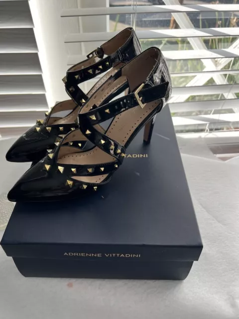 Adrienne Vittadini Stilleto Heel Pump Cross Straps Studs 7M Black Women