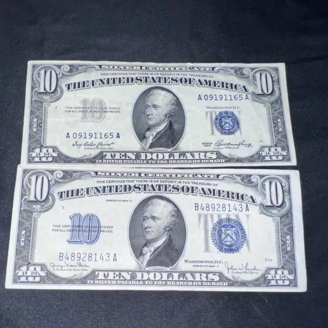 N) Lot 2 Us Currency Silver Certificate $10 1934 & 1953 Blue