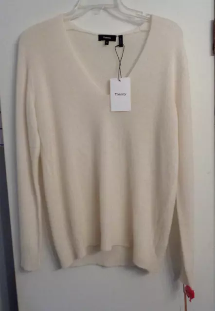 Theory Adrianna 100% Cashmere V Neck Long Sleeve Sweater Womens PETITE Ivory NWT