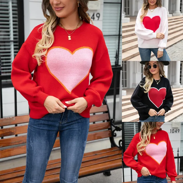 Round Neck Love Sweater Pullover Plus Size Peach Red Heart Sweater, Love Sweater