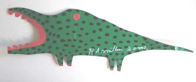 R A MILLER Outsider Visionary Folk Art "DINO" Dinosaur Painted on Roofing Tin