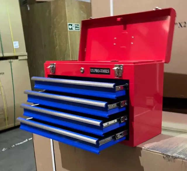 US Pro Tools cassetta degli attrezzi acciaio rosso blu cassa armadio portaoggetti mobile 4 CASSETTI