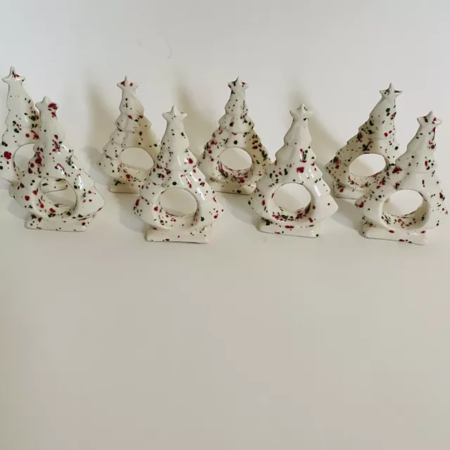 vintage ceramic white speckle red & green christmas tree napkin holders 8 count