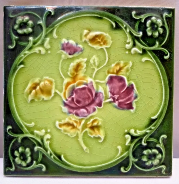 Antique Tile Majolica England Ceramic Rose Flower Purple Green Architecture "137
