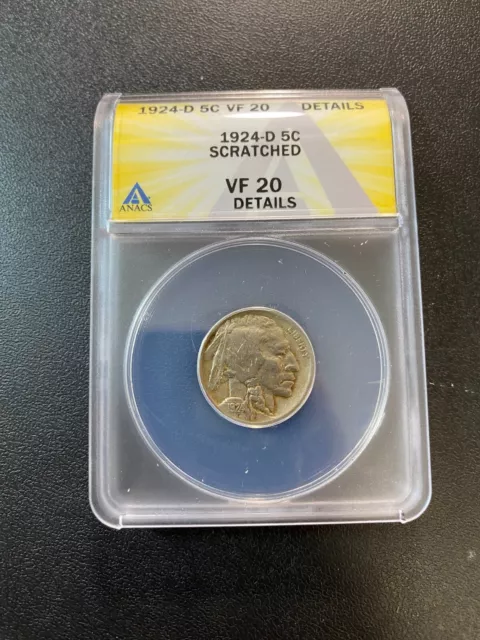 1924 D Buffalo Nickel Anacs Vf-20 Det - Buffalo - Good Date - Certified Slab -5C