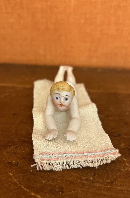 Cute Antique German Miniature All Bisque Frozen Boy Doll W/ Molded Trunks