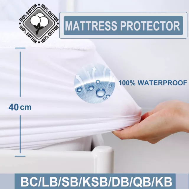 Fully Fitted Waterproof Terry Cotton Mattress Protector BC/SB/DB/QB/KB/LS Cover