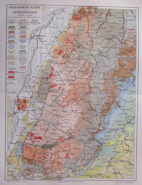 1897 Geologische Karte vom Schwarzwald - Lithografie alte Landkarte old map