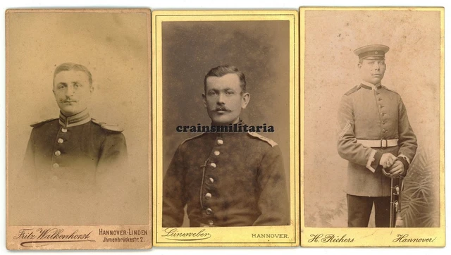 3x Orig. Foto CDV Portrait Soldaten in HANNOVER Epauletten Säbel Rangabzeichen