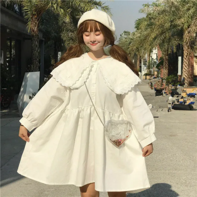 Abito donna ragazza Lolita manica lunga pizzo camicia sciolta camicetta casual top bianco 5