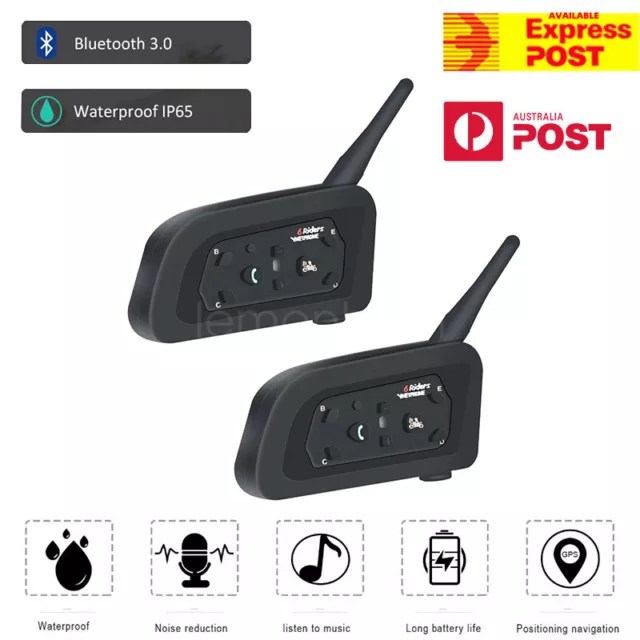 2x Motorcycle Intercom Helmet Headset Bluetooth Communication V6 1200M 6 Riders