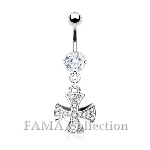 FAMA 316L Surgical Steel Gem Paved Celtic Cross Dangle with Clear CZ Belly Ring