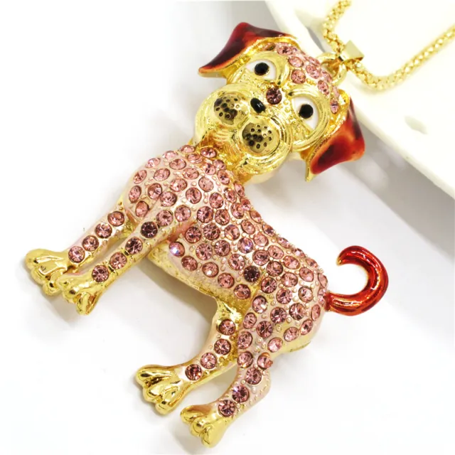 Fashion Women Rhinestone Cute Pink Dog Crystal Pendant Chain Necklace 3
