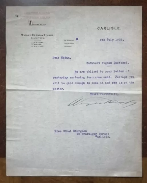 1932 Wright, Brown & Strong Solicitors, Carlisle Letter