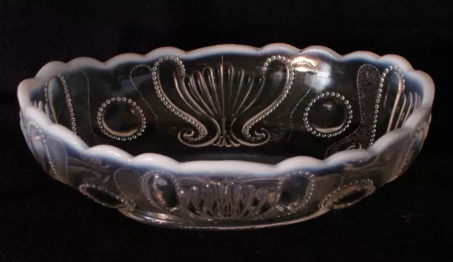 Jefferson Jewel and Fan White Opalescent Oval Novelty Bowl