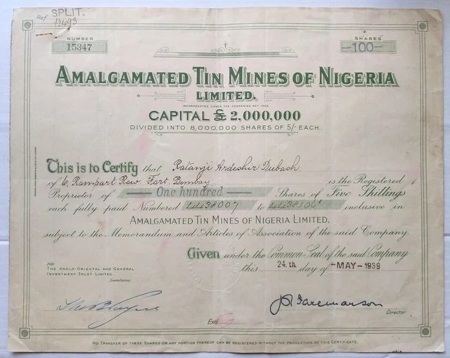 Nigeria AMALGATED TIN MINES OF NIGERIA 1939 share certificate