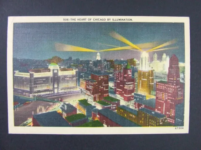 Chicago Illinois IL Aerial Town Night View Linen Postcard 1944