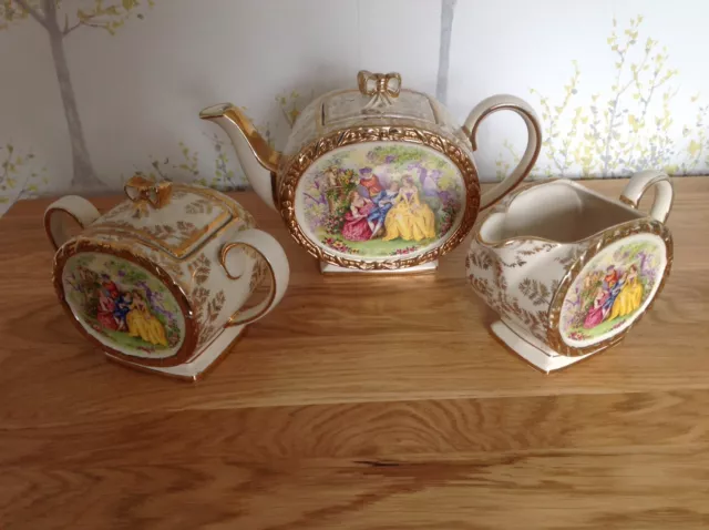 Sadler Courting Couples Pattern Gilt Edged Teapot Milk Jug & Lidded Sugar Bowl