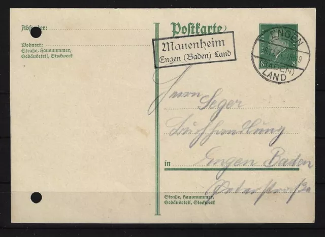 L533) Dt. Reich Ganzsache mit Stempel Posthilfsstelle Manenheim Engen Baden Land