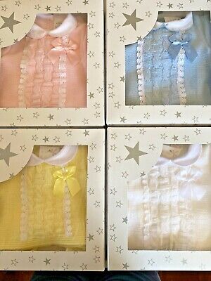 Newborn Baby Girl Spanish Knitted Outfit + Bonnet Girls Boxed Pram Gift Set