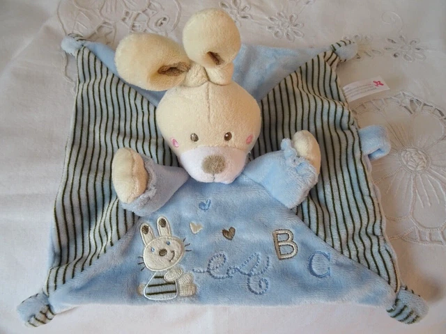 Doudou Carre Lapin Nicotoy Bleu  Et Bleu Raye Marron Brode Abc   Coeurs Et Lapin