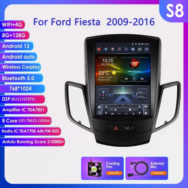Android CarPlay Autoradio GPS 8+128GB Für Ford Fiesta 2009-2016 9.7" Tesla-Stil