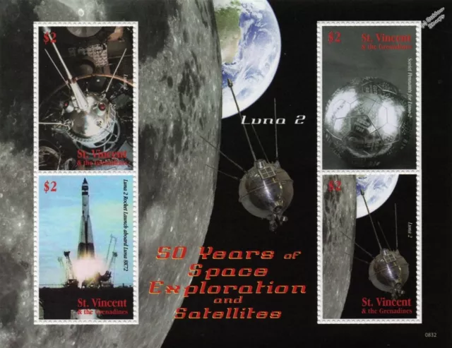 LUNA 2 Russian Spacecraft 1959 Moon Landing Space Stamp Sheet (2008 St Vincent)