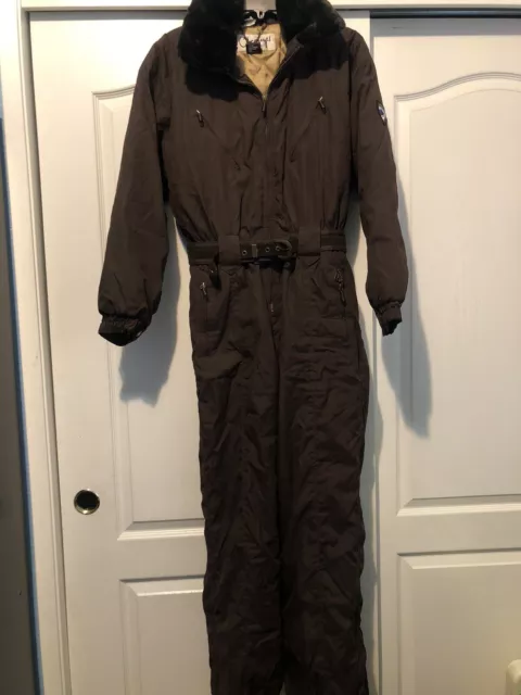 Women's Obermeyer Chamonix Brown Snow Ski Suit Snowsuit Hood Insulated Size 12