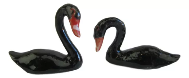 Miniature Porcelain Hand Painted Bird Figurine -Swan Black (Tiny) Set/2