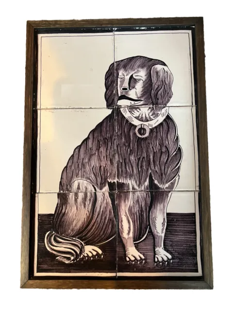Framed Antique Delft Dutch Manganese Tiles, Early 19th Cen, Dog