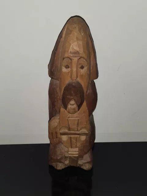 Figurine Statut En Bois Vieille Homme Instrument Ancien