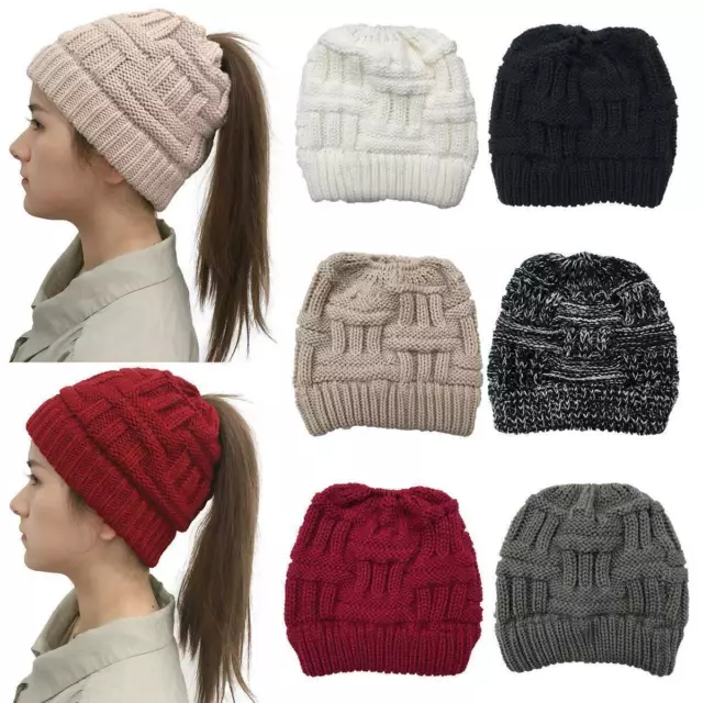 Womens Outdoor Winter Knitted Beanie Hats Ponytail Messy Bun Tail With Hole Cap