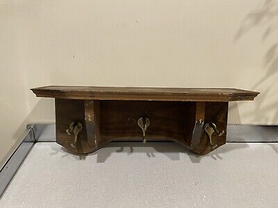 VTG solid wood wall shelf with 3 brass hooks
