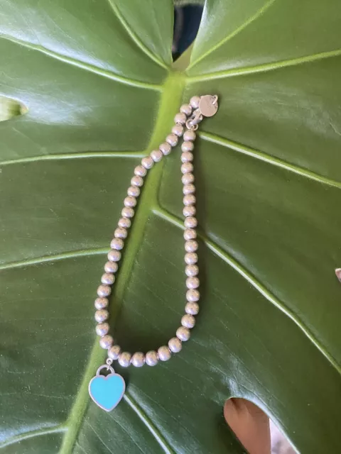Tiffany & Co. Blue Enamel Heart Bead Sterling Bracelet 7.5” W/pouch & box