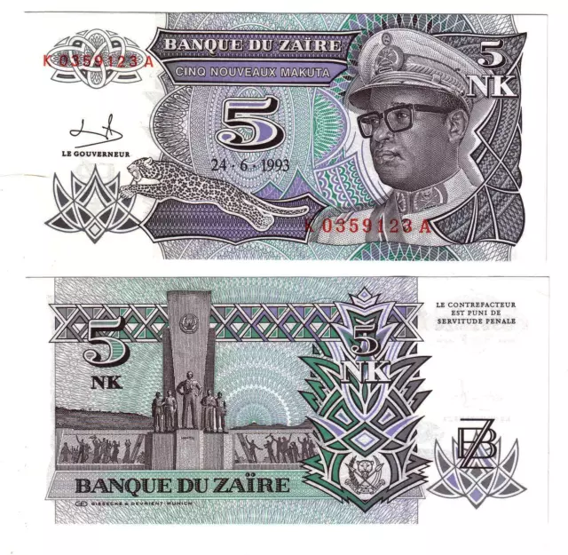 Banknote - 1993 Zaire, 5 Nouveaux Makuta, P48 UNC, Mobutu (F) Monument (R)