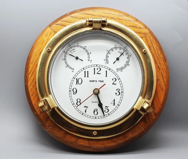VINTAGE SHIP'S TIME Brass Porthole Oak Wood Mount Clock with Hygro and