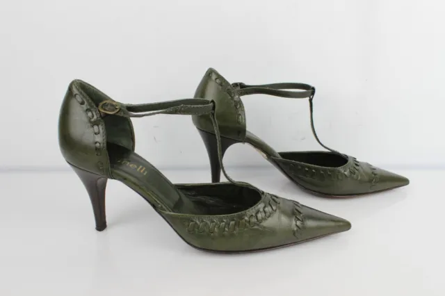 Vintage Minelli Court Shoes Flanged Now Pointed all Leather Green T 37, Vgc ,