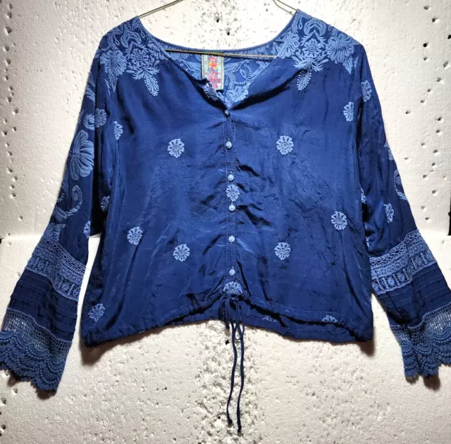 JOHNNY WAS TOP Womens XL Blue Floral Embroidered Long Sleeve Button ...