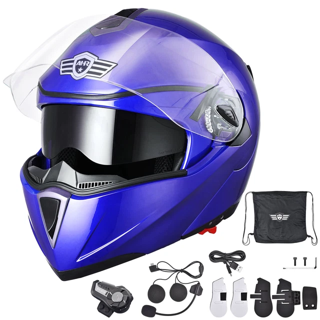 AHR DOT Full Face Flip Up Motorcycle Helmet 2 Visor Bluetooth 5.0 Headset L