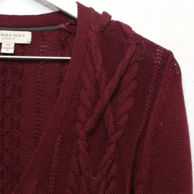 Burberry London Wool Cashmere Cable Knit Zip Front Cardigan Sweater Maroon Sz S 3