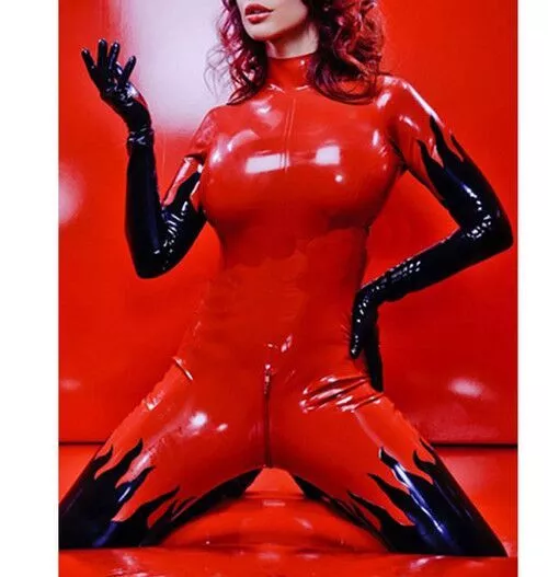 Catsuit in gomma lattice nero fuoco rosso sexy elegante cosplay body cosplay cosplay