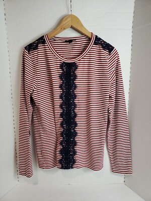 J. Crew Women's Red & White Stripes W/ Blue Lace Long Sleeve Shirt Size L