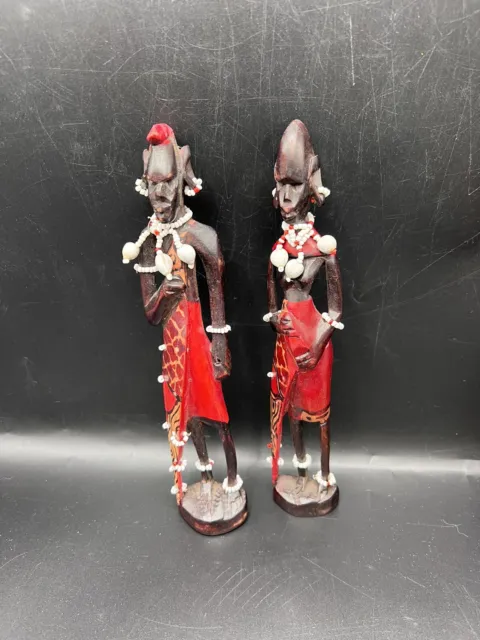 Pair Wood carved Painted African hand made tribal figurine statue warrior shield