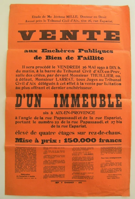 Affiche vente enchère commerce bien de faillite immeuble 1950  vintage rétro